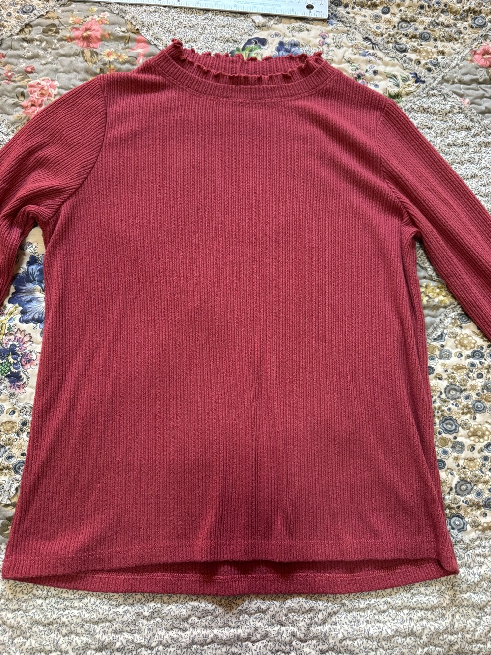 Pink Clover Stitch Fix Burgundy Ribbed Ruffle Mock Neck Top M